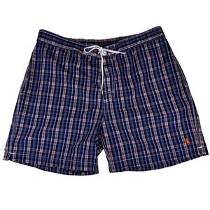 Polo Ralph Lauren Mens Blue Orange Plaid Swim Trunks Board Shorts Mesh Lined L